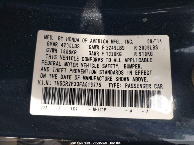 Honda ACCORD LX 2015 1HGCR2F33FA019775 Image 9