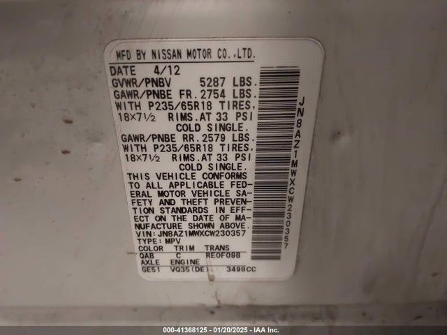 Aukcja sprzedaży 2012 Nissan Murano S, vin: JN8AZ1MWXCW230357, numer aukcji: 41368125