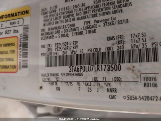 3FA6P0LU7LR173500 Ford Fusion Hybrid Se