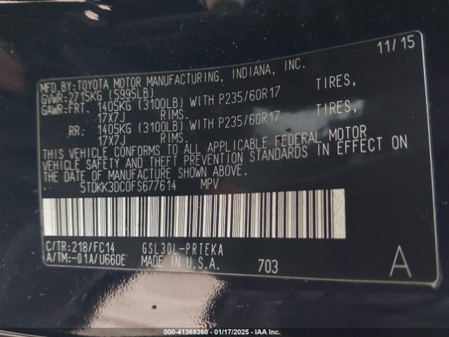 5TDKK3DC0FS677614 Toyota Sienna Le 8 Passenger