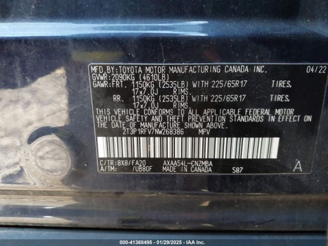 2T3P1RFV7NW268386 Toyota Rav4 Xle