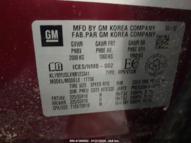KL79MUSLXNB123341 Chevrolet Trailblazer Awd Rs