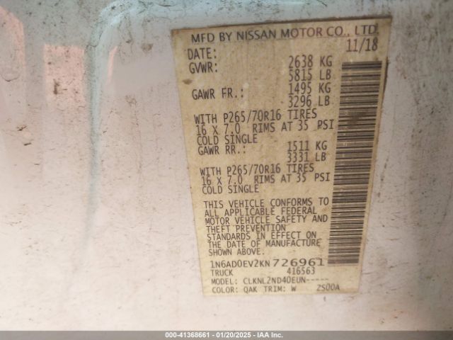 1N6AD0EV2KN726961 Nissan Frontier Sv