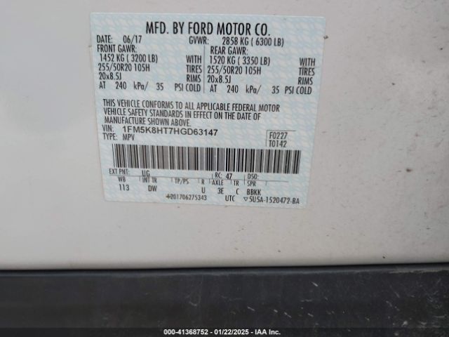 1FM5K8HT7HGD63147 Ford Explorer Platinum