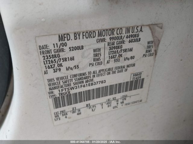 2001 FORD SUPER DUTY F-350 SRW 1FTSW31F61EB37783 Photo 8