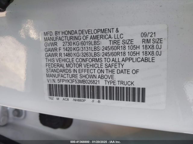 5FPYK3F53MB026821 Honda Ridgeline Awd Rtl