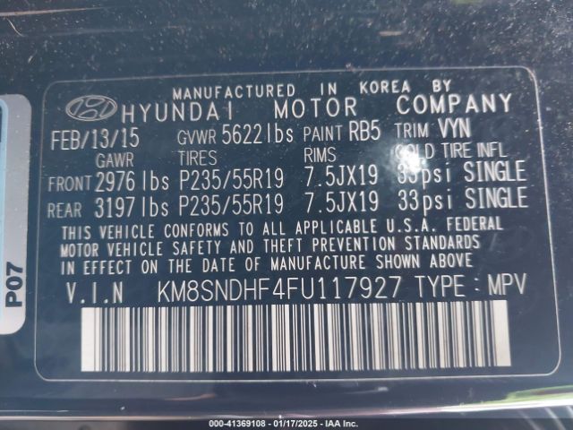 KM8SNDHF4FU117927 Hyundai Santa Fe Limited