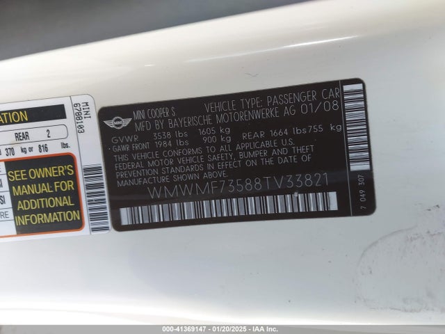 2008 MINI COOPER S WMWMF73588TV33821 Photo 8