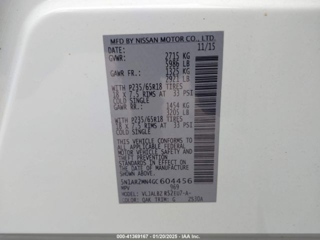 5N1AR2MN4GC604456 Nissan Pathfinder Platinum/s/sl/sv