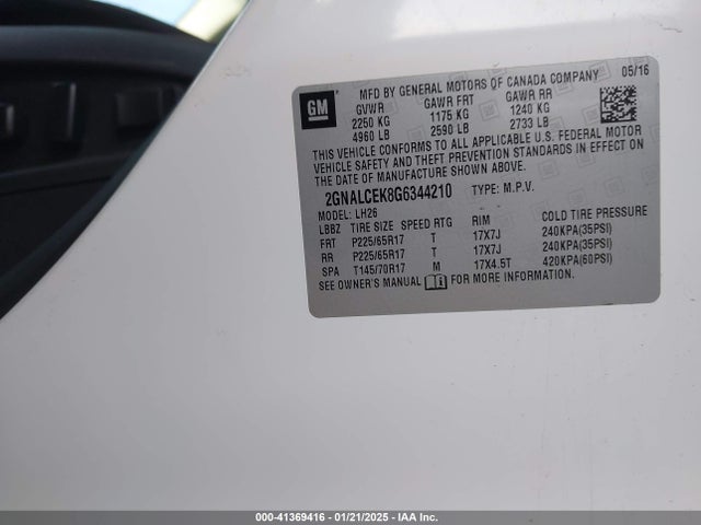Chevrolet EQUINOX LT 2016 2GNALCEK8G6344210 Image 9