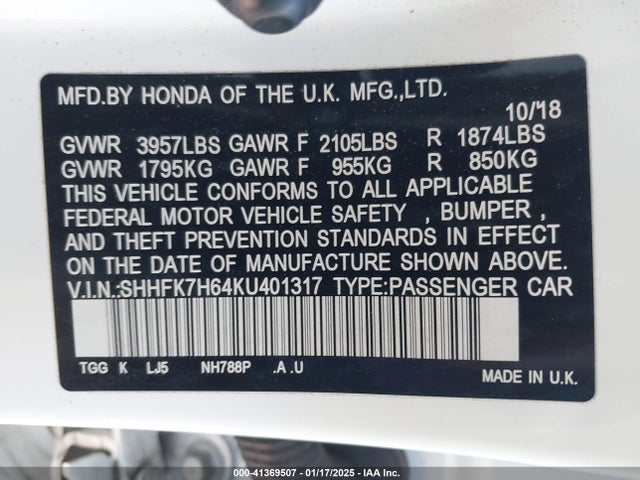SHHFK7H64KU401317 Honda CIVIC EX