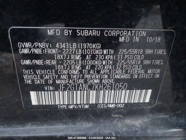 JF2GTANC7KH261050 Subaru Crosstrek 2.0i Limited