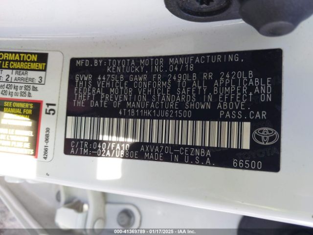 4T1B11HK1JU621500 Toyota CAMRY LE