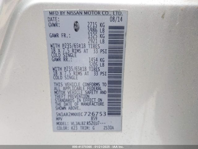 5N1AR2MNXEC726753 Nissan Pathfinder S