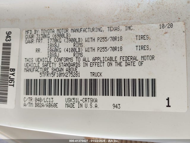 Toyota Tundra Sr 2021 5TFRY5F10MX275281 Image 9