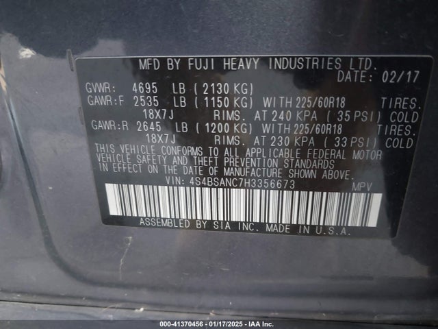 Subaru Outback 2.5i Limited 2017 4S4BSANC7H3356673 Image 9
