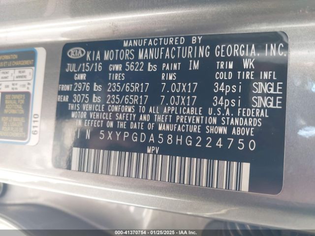 5XYPGDA58HG224750 KIA Sorento 3.3l Lx