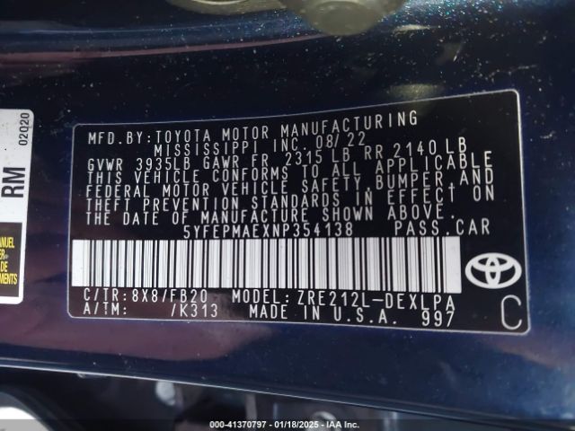 5YFEPMAEXNP354138 Toyota COROLLA LE