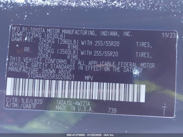 5TDAAAB55RS026801 Toyota Grand Highlander Platinum
