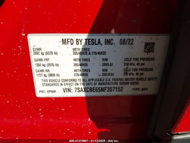 7SAXCBE65NF357152 Tesla Model X Plaid Tri Motor All-wheel Drive