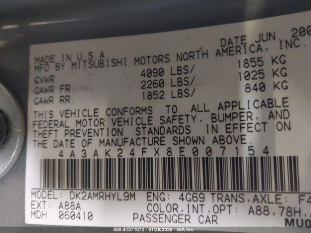 2008 MITSUBISHI ECLIPSE 4A3AK24FX8E007154 Photo 8