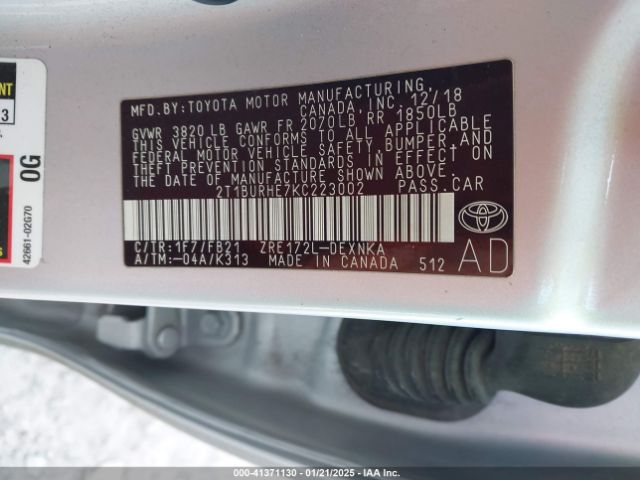2T1BURHE7KC223002 Toyota COROLLA LE