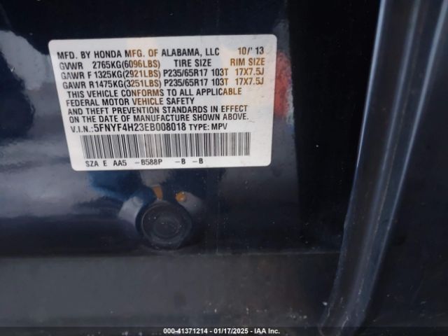 5FNYF4H23EB008018 Honda PILOT LX