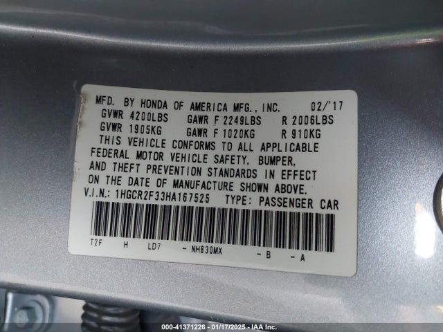 Honda ACCORD LX 2017 1HGCR2F33HA167525 Image 9