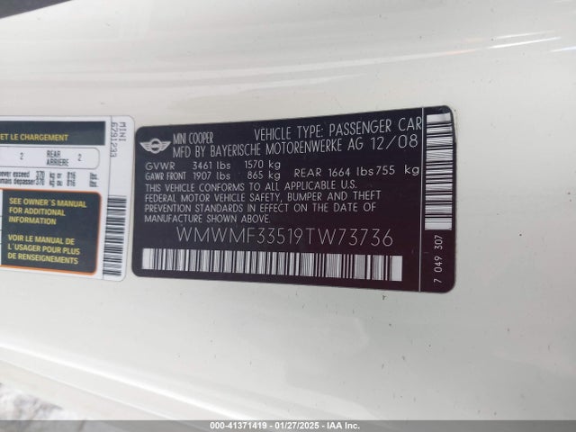 2009 MINI COOPER WMWMF33519TW73736 Photo 8