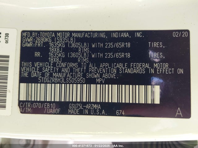 Toyota Highlander Xle 2020 5TDGZRBH3LS505950 Image 9