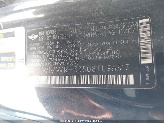 2008 MINI COOPER WMWRH33508TL96317 Photo 8