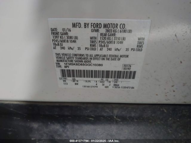 1FM5K8D85GGC10380 Ford EXPLORER XLT