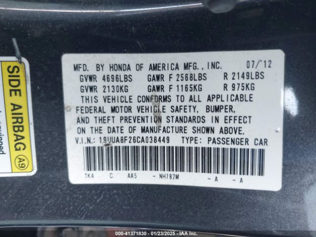 2012 ACURA TL 19UUA8F26CA038449 Photo 8