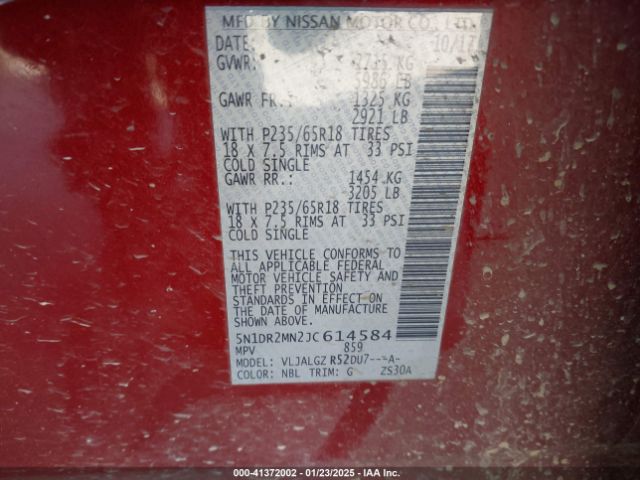 5N1DR2MN2JC614584 Nissan Pathfinder Sl