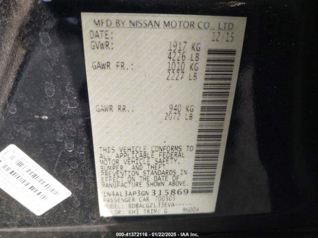 1N4AL3AP3GN315869 Nissan Altima 2.5/2.5 S/2.5 Sl/2.5 Sr/2.5 Sv