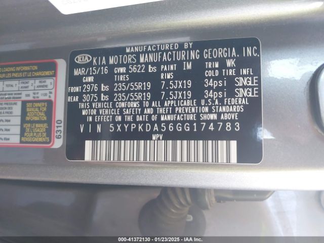 5XYPKDA56GG174783 KIA Sorento 3.3l Sxl