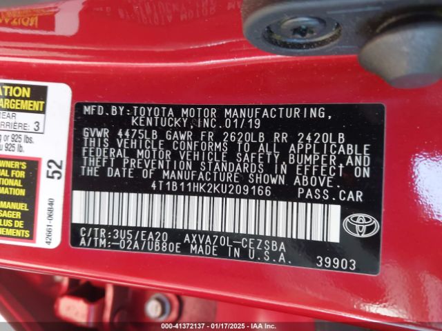 4T1B11HK2KU209166 Toyota CAMRY SE