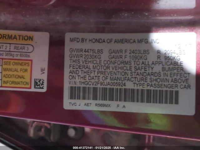 1HGCV2F90JA005924 Honda Accord Touring 2.0t