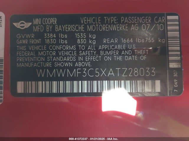 2010 MINI COOPER WMWMF3C5XATZ28033 Photo 8