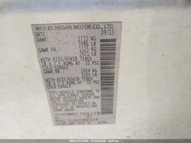 5N1AR2MN8FC708219 Nissan Pathfinder Sv