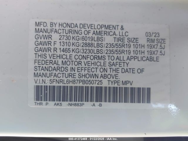 5FNRL6H87PB050725 Honda Odyssey Touring