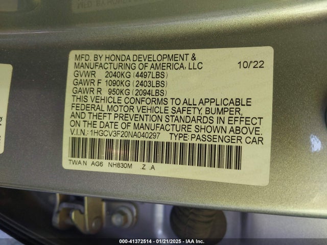 1HGCV3F20NA040297 Honda Accord Hybrid Sport