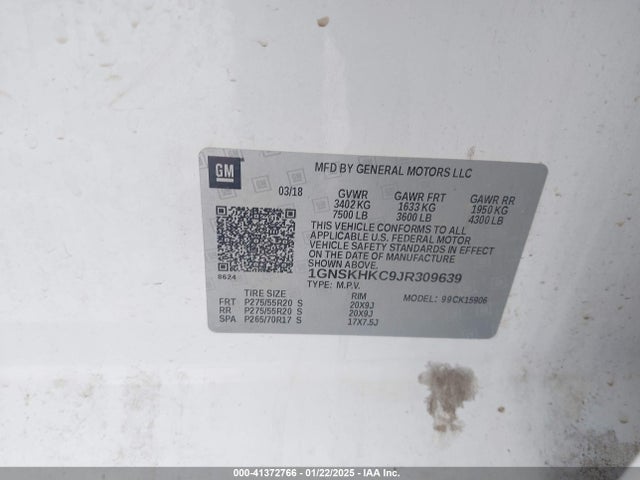 1GNSKHKC9JR309639 Chevrolet l83 - sidi: spark ignited direct injection, vvt: variable valve timing, afm, e85 max, alum