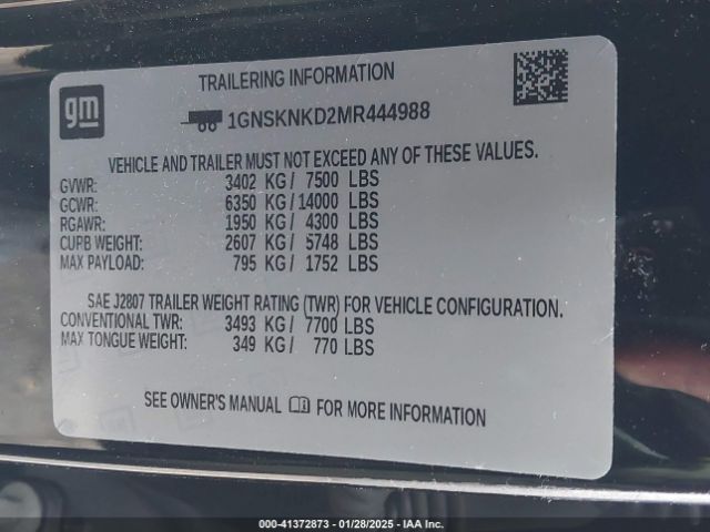 1GNSKNKD2MR444988 Chevrolet Tahoe 4wd Lt
