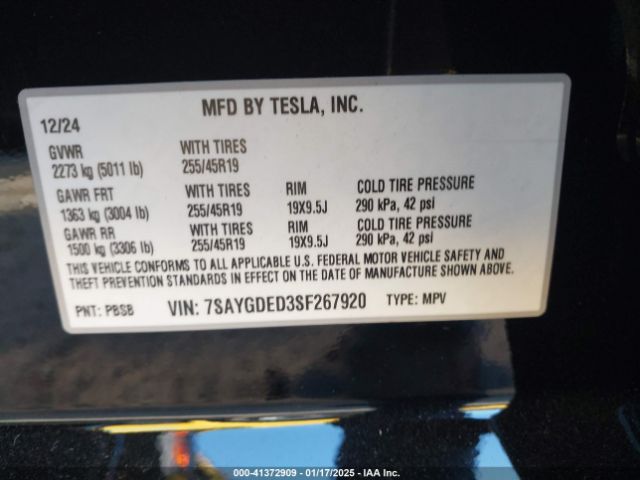 7SAYGDED3SF267920 Tesla Model Y Long Range Dual Motor All-wheel Drive