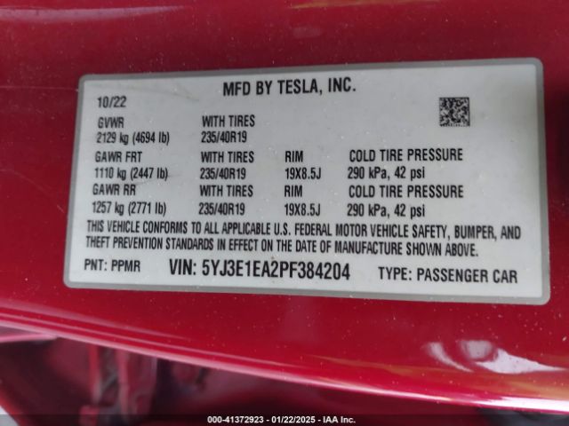 5YJ3E1EA2PF384204 Tesla Model 3 Rear-wheel Drive