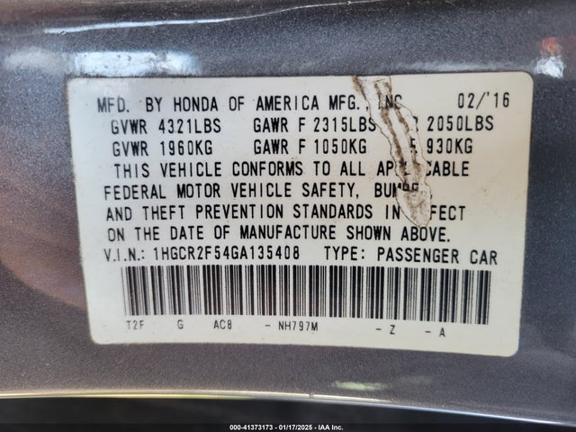 1HGCR2F54GA135408 Honda Accord