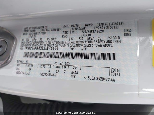 Ford ESCAPE SE 2020 1FMCU0G62LUB49644 Image 9