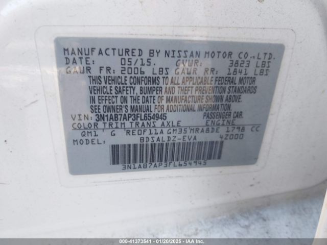 3N1AB7AP3FL654945 Nissan Sentra Fe+ S/s/sl/sr/sv