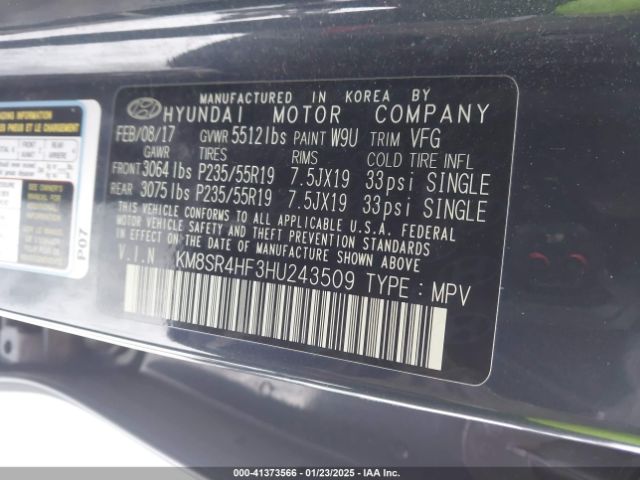 KM8SR4HF3HU243509 Hyundai Santa Fe Limited Ultimate